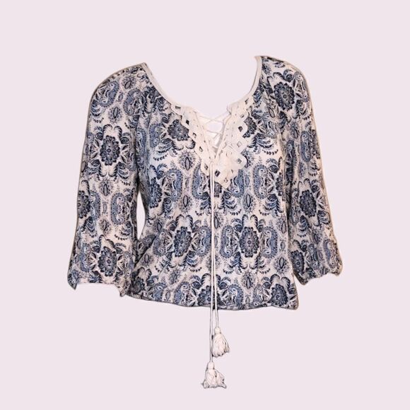Max Studio Floral Lace Up Peasant Top - Picture 1 of 4